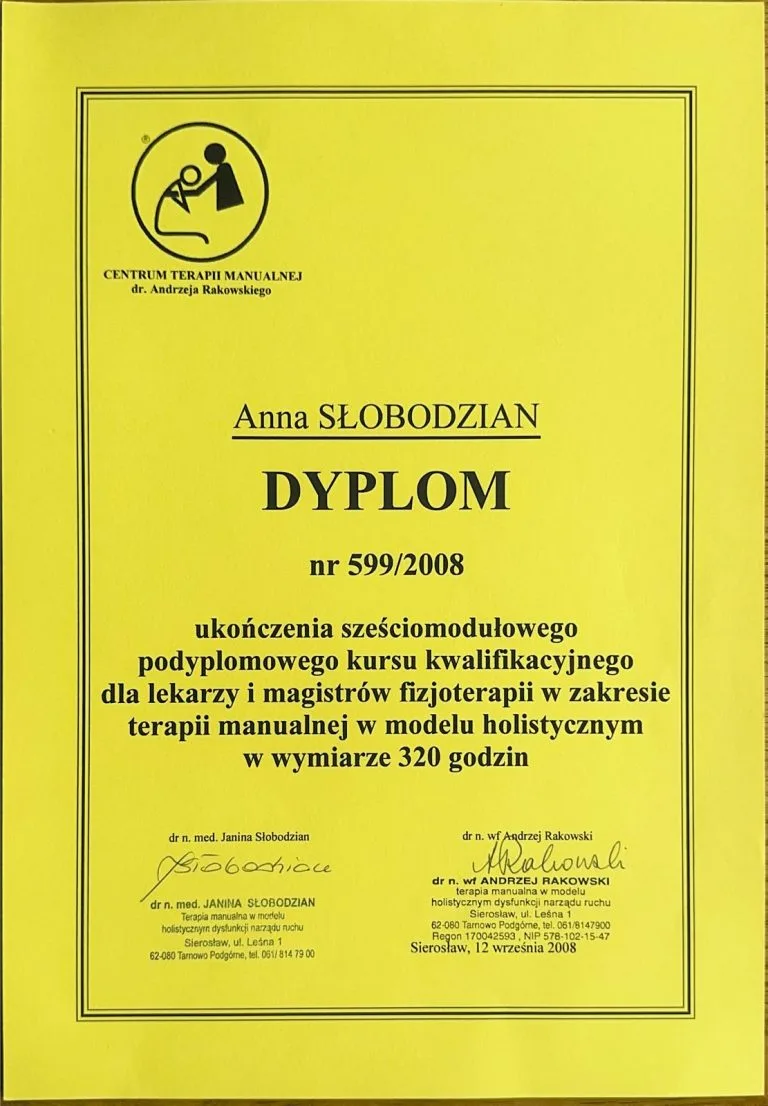 Dyplom Anny Garwolińskiej: Dyplom nr 599/2008 - sześciomodułowy kurs kwalifikacyjny z terapii manualnej w modelu holistycznym (320 godzin), Centrum Terapii Manualnej dr. Andrzeja Rakowskiego, Sierosław, 12 września 2008