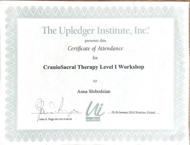 Dyplom Anny Garwolińskiej: CranioSacral Therapy Level I Workshop, The Upledger Institute, Wrocław, 22–26 stycznia 2010