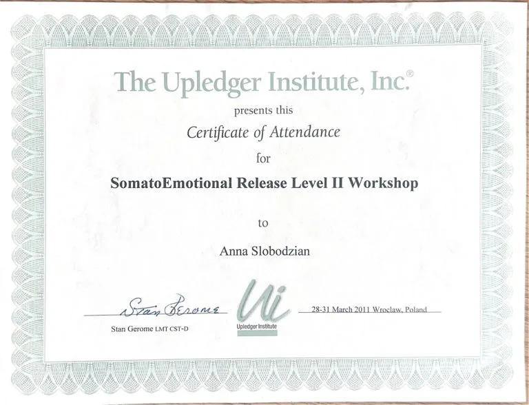 Dyplom Anny Garwolińskiej: SomatoEmotional Release Level II Workshop, The Upledger Institute, Wrocław, 28–31 marca 2011