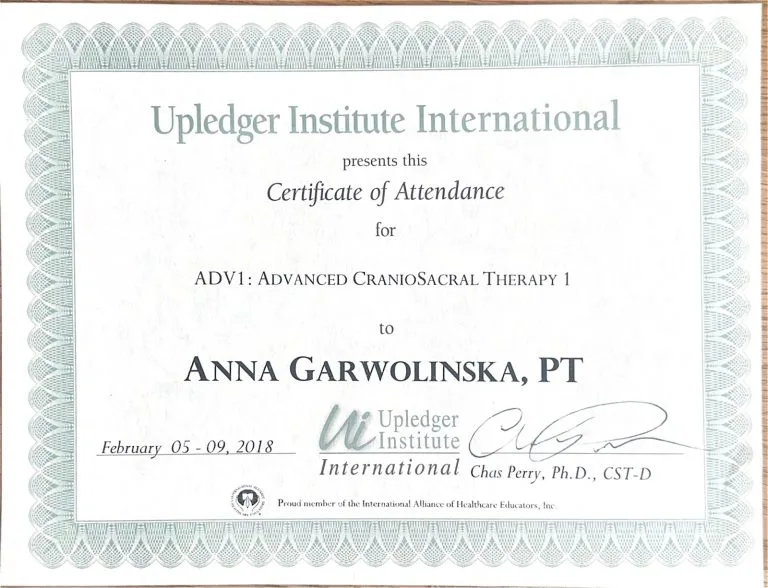 Dyplom Anny Garwolińskiej: ADV1: Advanced CranioSacral Therapy 1, Upledger Institute International, 5–9 lutego 2018