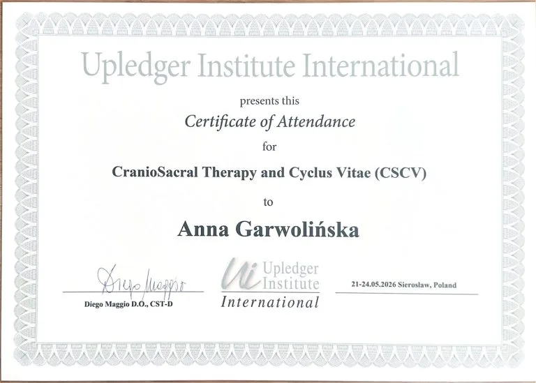 Dyplom Anny Garwolińskiej: CranioSacral Therapy and Cyclus Vitae (CSCV), Upledger Institute International, Sierosław, 21–24 maja 2026